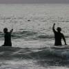 Arjen & Henri pointing out to a seal (zeehond) @ Nieuw-Haamstede